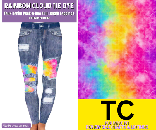 Rainbow Cloud Tie Dye Faux Denim Full Length Peekaboo Leggings