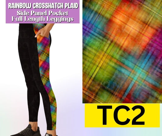 Rainbow Crosshatch Plaid Side Panel Pocket Full Length Leggings