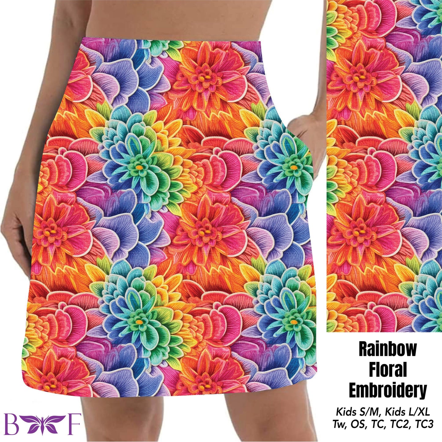 Rainbow Floral Embroidery shorts and skorts with pockets