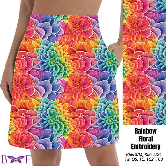 Rainbow Floral Embroidery shorts and skorts with pockets