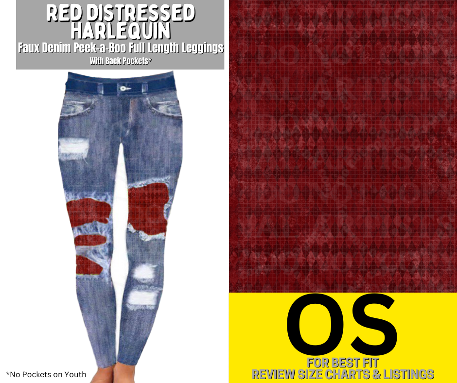 Red Distressed Harlequin Faux Denim Full Length Peekaboo Leggings
