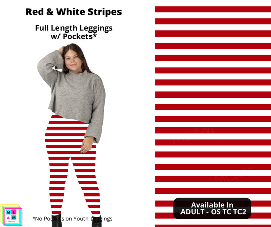 Red & White Stripes Full Length Leggings w/ Pockets