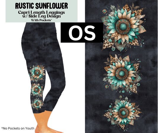 Rustic Sunflower Capri Leggings w/ Side Leg Designs