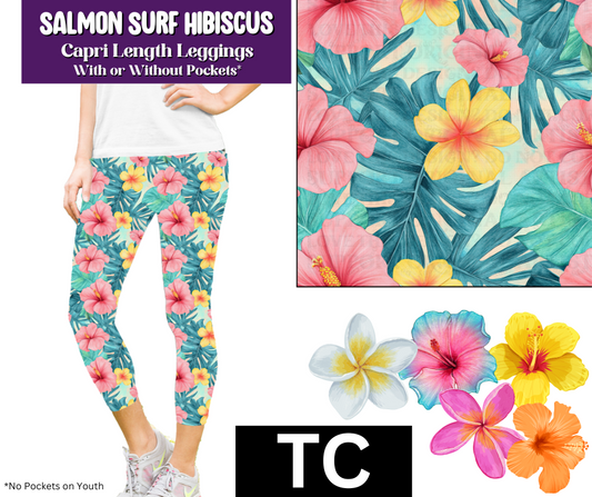 Salmon Surf Hibiscus Capri Length Leggings w/ Pockets