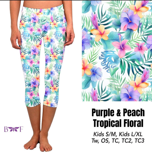 Purple and Peach Tropical Floral capris and biker shorts with pockets