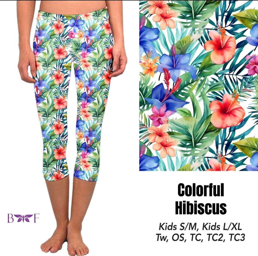 Colorful Hibiscus leggings, capris and skorts with pockets