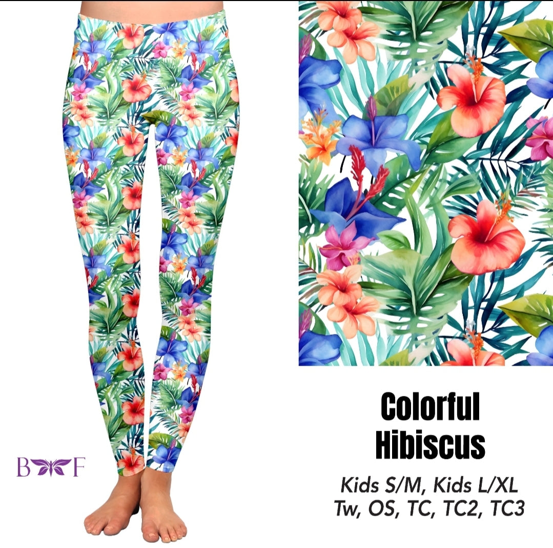 Colorful Hibiscus leggings, capris and skorts with pockets