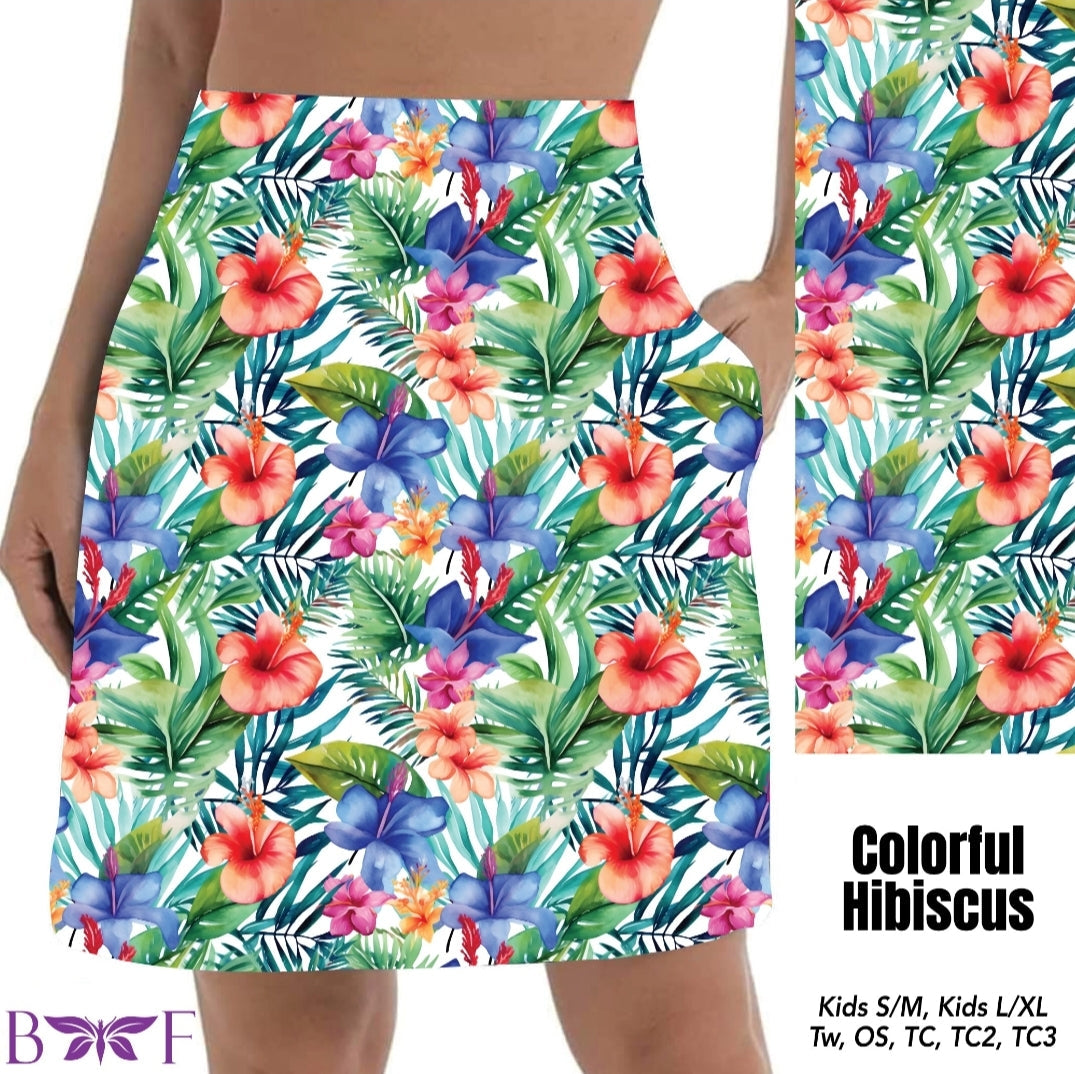 Colorful Hibiscus leggings, capris and skorts with pockets