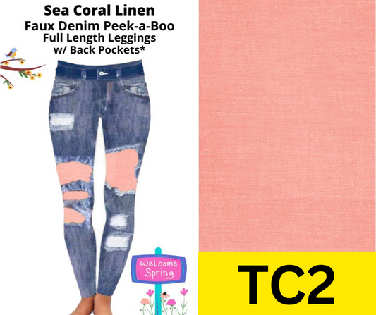 Sea Coral Linen Faux Denim Full Length Peekaboo Leggings