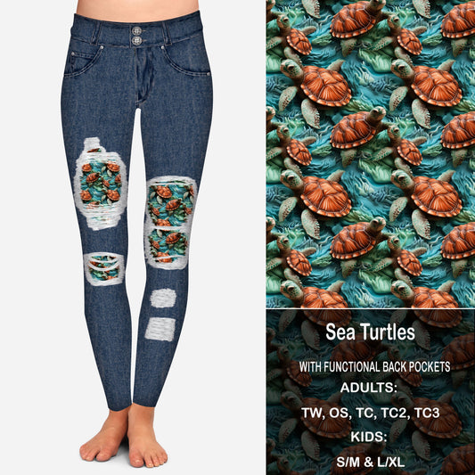 Sea Turtles Faux Denim Peekaboo Leggings with Pockets Preorder Closes 9/18  eta Late October