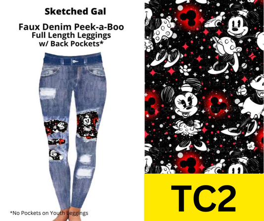 Sketched Gal Faux Denim Full Length Peekaboo Leggings