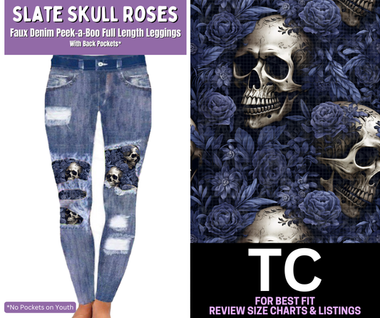 Slate Skull Roses Faux Denim Full Length Peekaboo Leggings