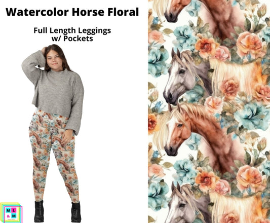 Watercolor Horse Floral Full Length Leggings w/ Pockets