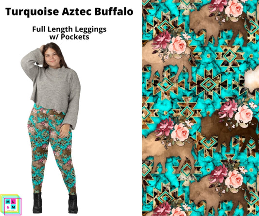 Turquoise Aztec Buffalo Full Length Leggings w/ Pockets