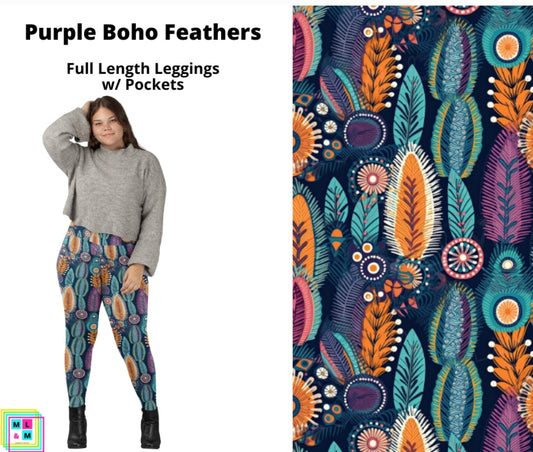 Purple Boho Feathers Full Length Leggings w/ Pockets