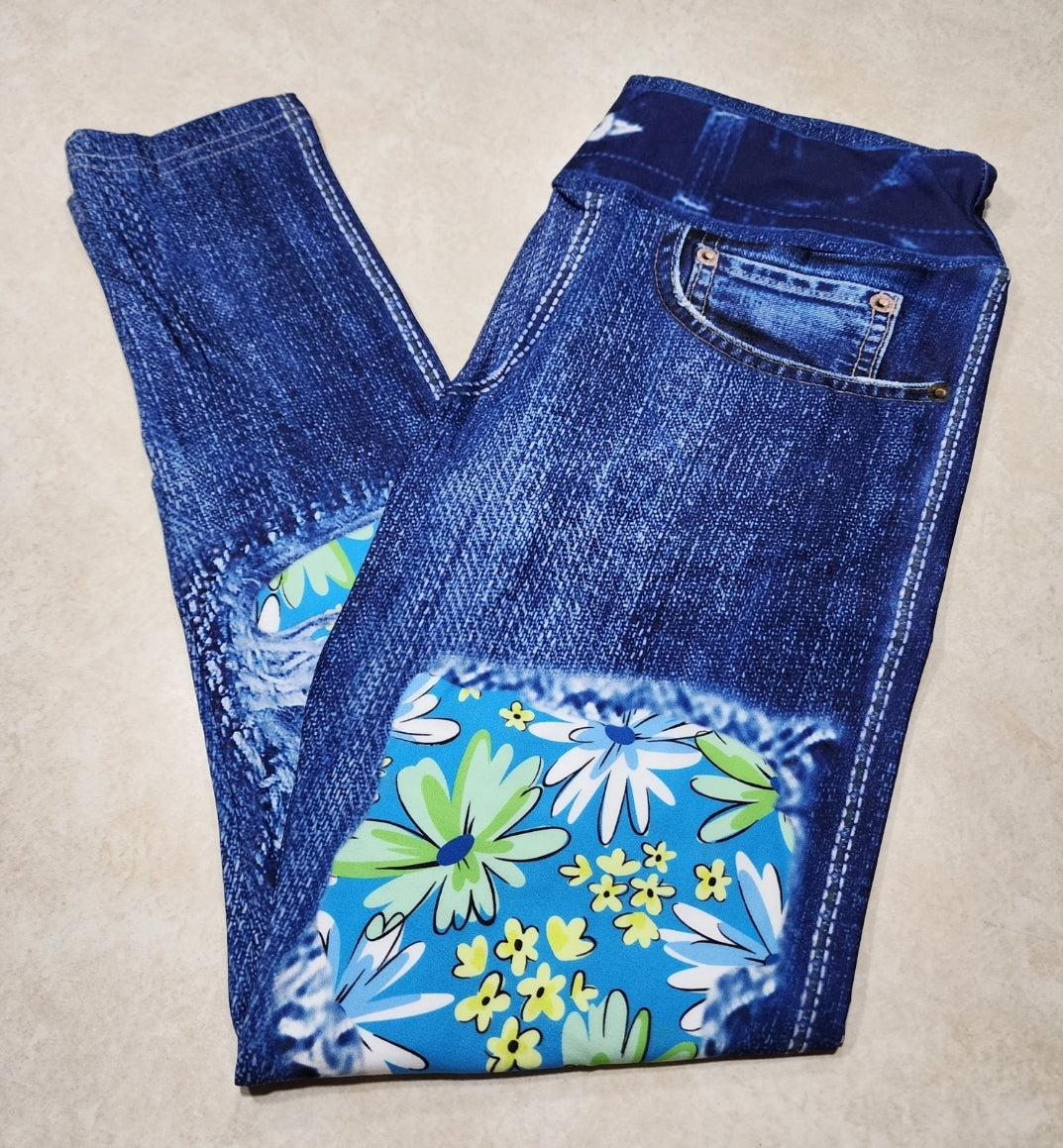 Blue Daisy Faux Denim Full Length