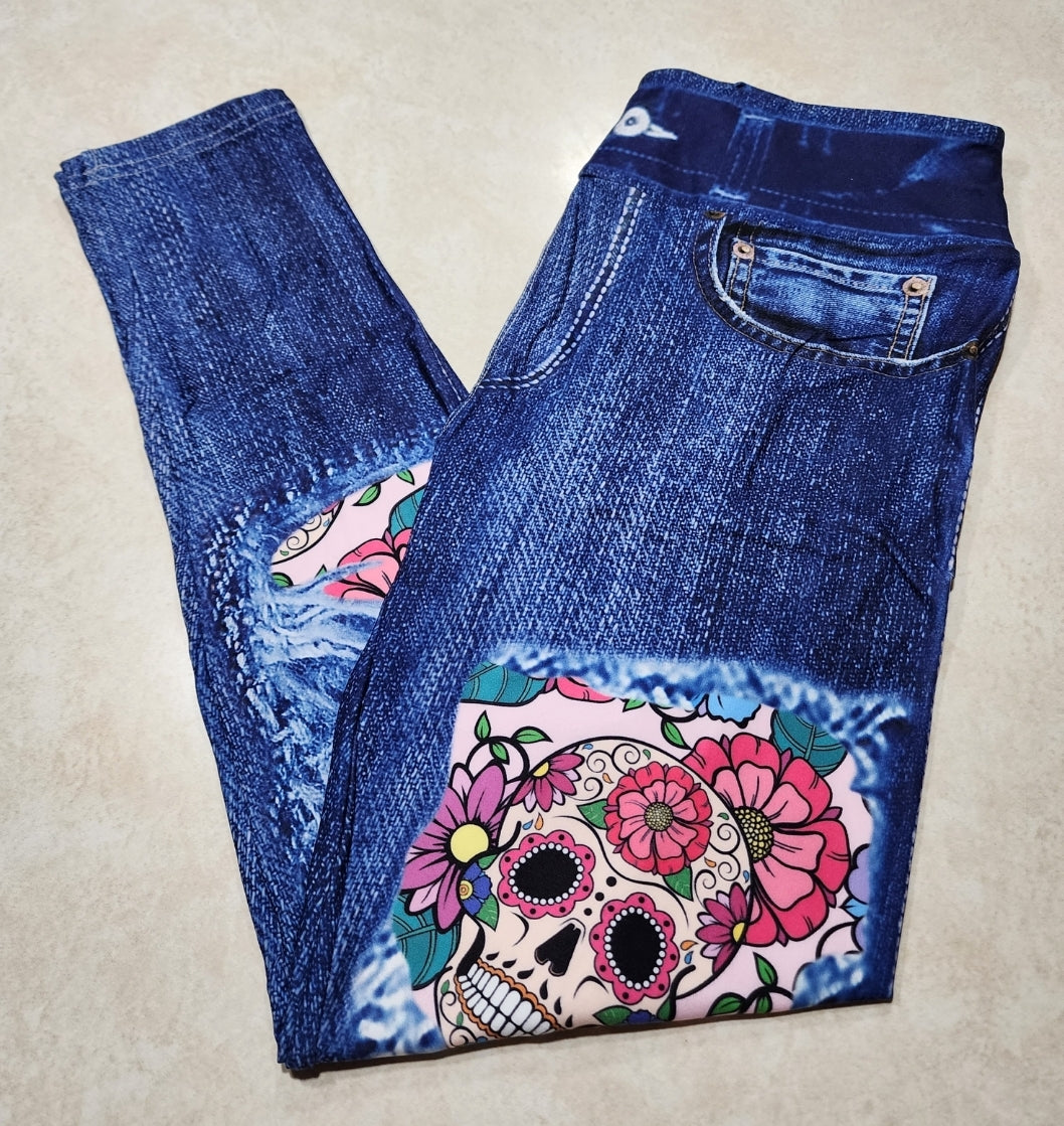Floral Sugar Skull Faux Denim Full Length