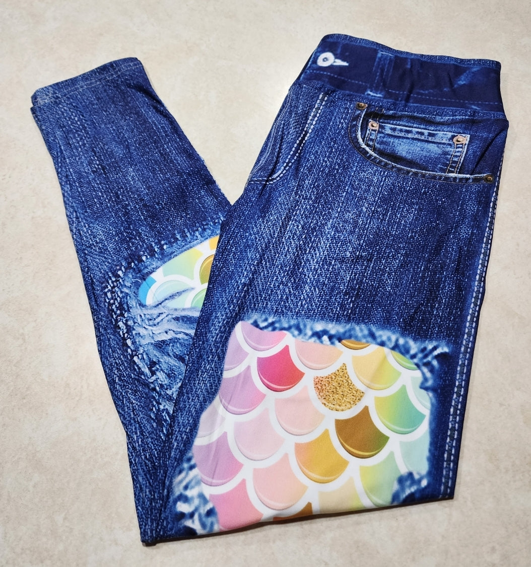Pastel Sparkle Mermaid Faux Denim Full Length