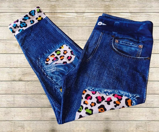 White Rainbow Leopard Faux Denim Capris