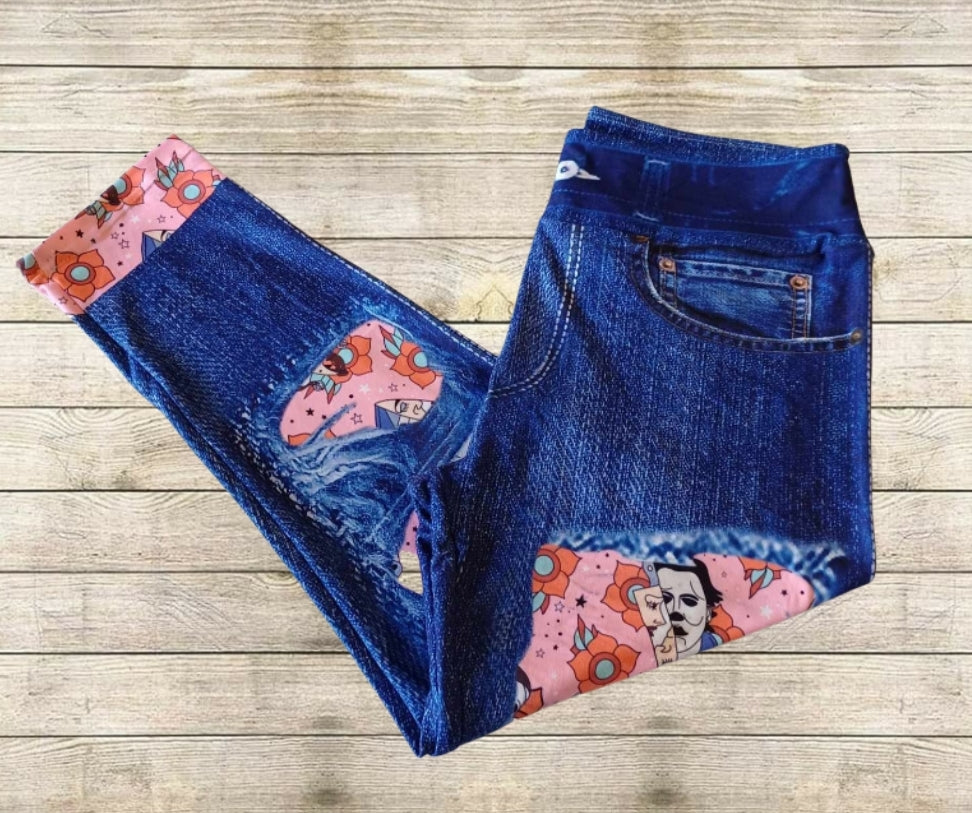 Horror Mask Florals Faux Denim Capris