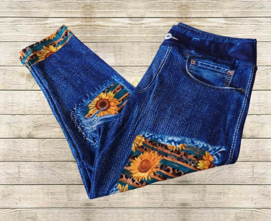 Sunflower Leopard Stripe Faux Denim Capris