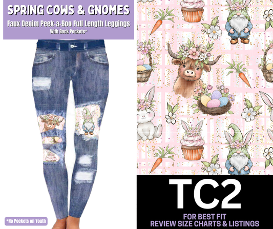 Spring Cows & Gnomes Faux Denim Full Length Peekaboo Leggings