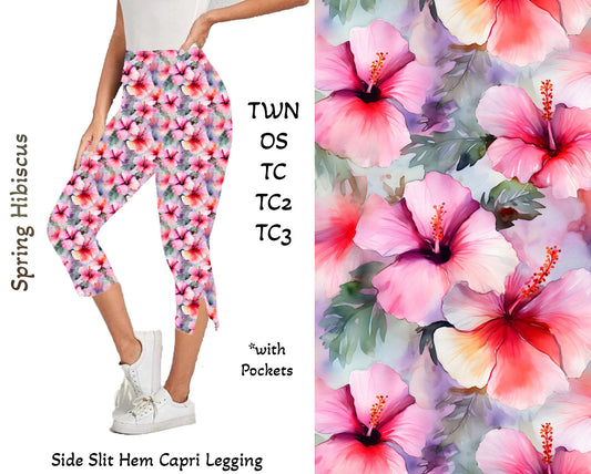 Spring Hibiscus - Side Slit Hem Capri Leggings with Pockets Preorder Closes 2/23