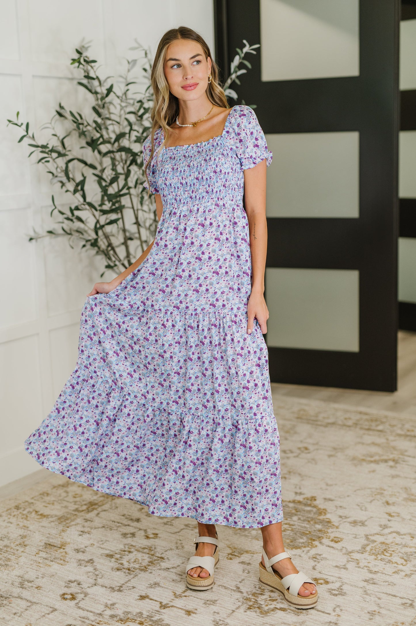 PREORDER: Square Neck Dress in Purple Floral