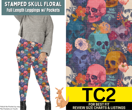 Stamped Skull Floral Full Length Leggings w/ Pockets