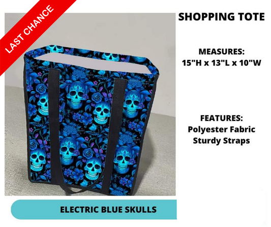 Electric Blue Skulls Shopping Tote