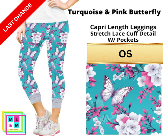 Turquoise & Pink Butterfly Lace Cuff Capris w/ Pockets