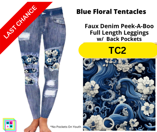 Blue Floral Tentacles Faux Denim Full Length Peekaboo Leggings