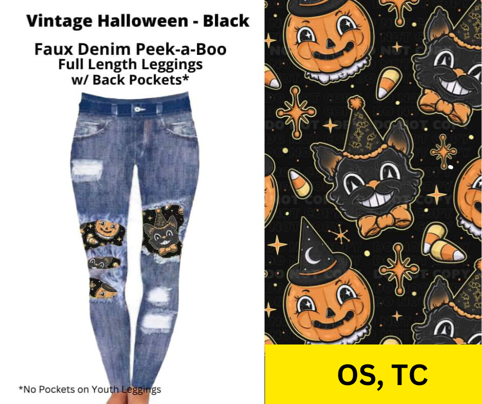 Vintage Halloween Black Faux Denim Full Length Peekaboo Leggings