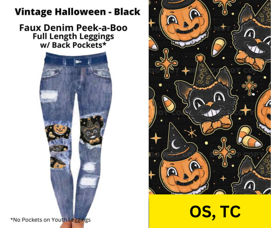 Vintage Halloween Black Faux Denim Full Length Peekaboo Leggings