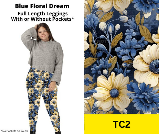 Blue Floral Dream Full Length Leggings w/ Pockets