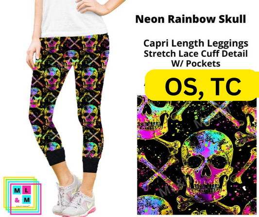 Neon Rainbow Skull Lace Cuff Capris w/ Pockets