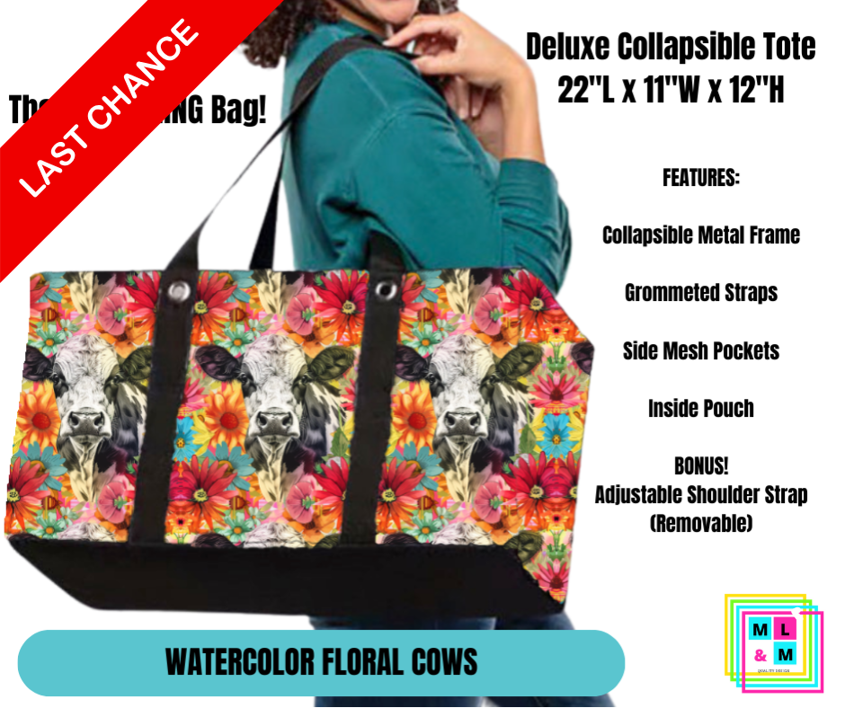 Watercolor Floral Cows Collapsible Tote