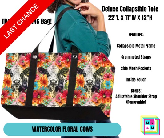 Watercolor Floral Cows Collapsible Tote