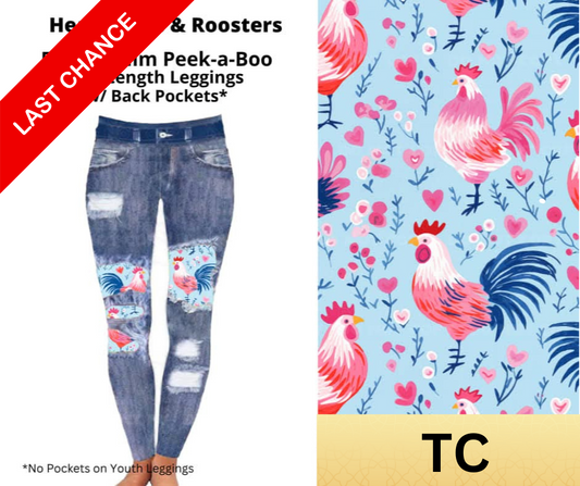 Heart Hens & Roosters Faux Denim Full Length Peekaboo Leggings