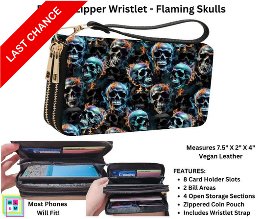Flaming Skulls Double Zipper Wristlet