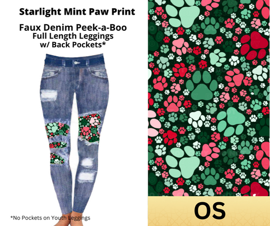 Starlight Mint Paw Print Faux Denim Full Length Peekaboo Leggings