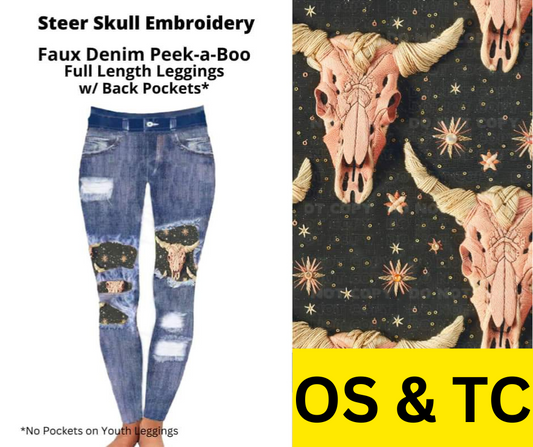 Steer Skull Embroidery Faux Denim Full Length Peekaboo Leggings