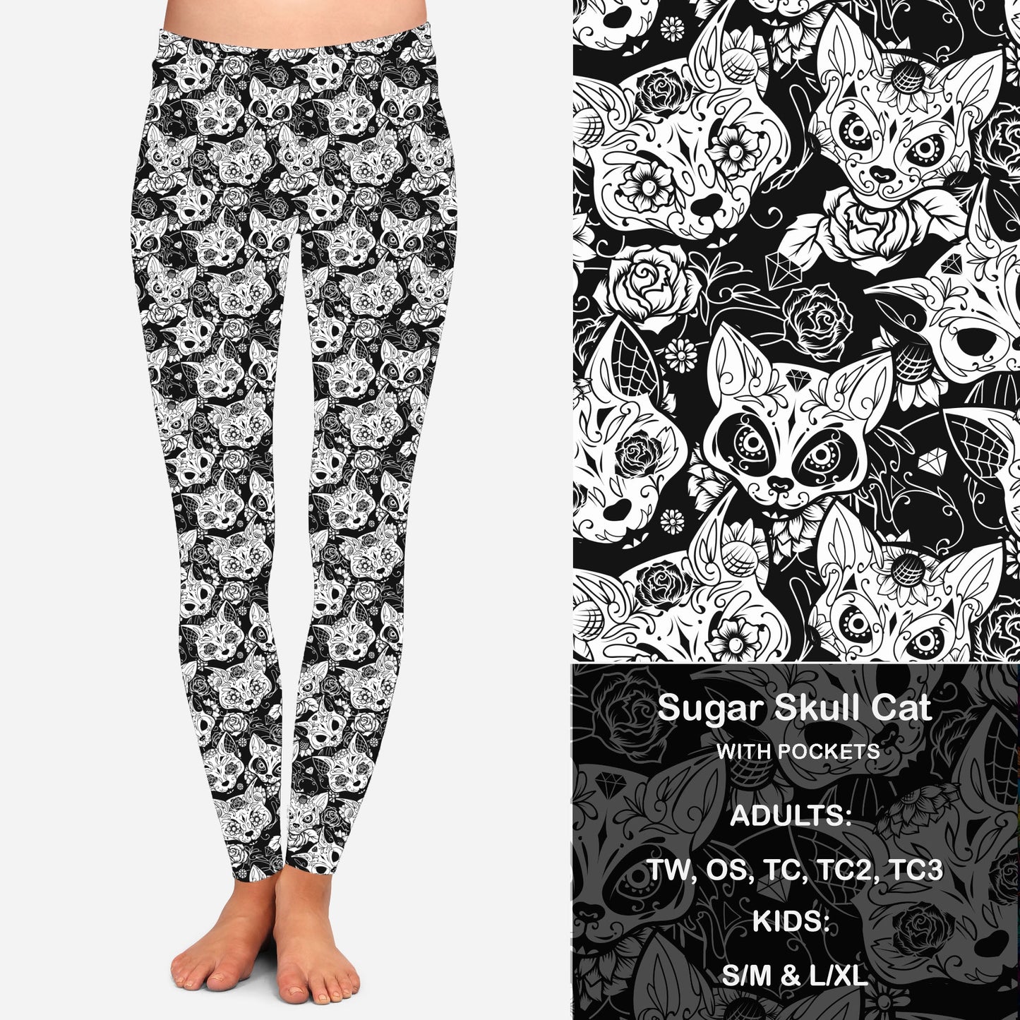 B W Sugar Skull Cats Leggings with Pockets