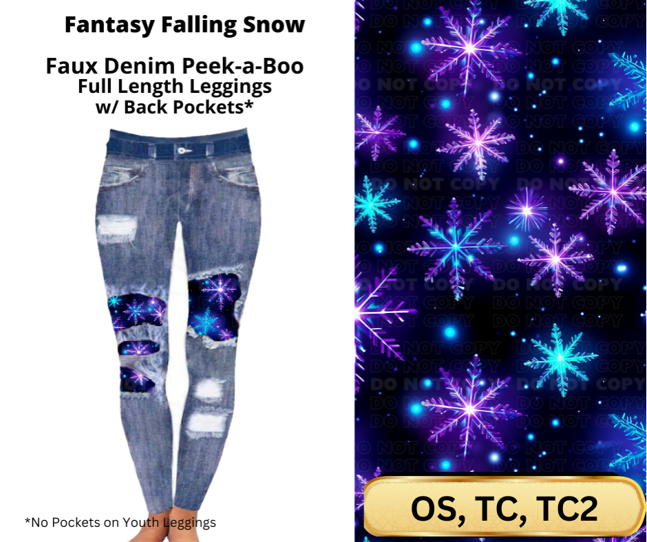 Fantasy Falling Snow Faux Denim Full Length Peekaboo Leggings