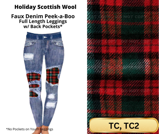 Holiday Scottish Wool Faux Denim Full Length Peekaboo Leggings