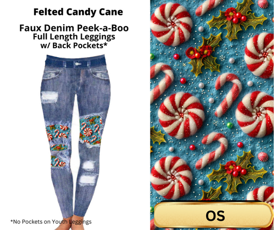 Felted Candy Cane Faux Denim Full Length Peekaboo Leggings