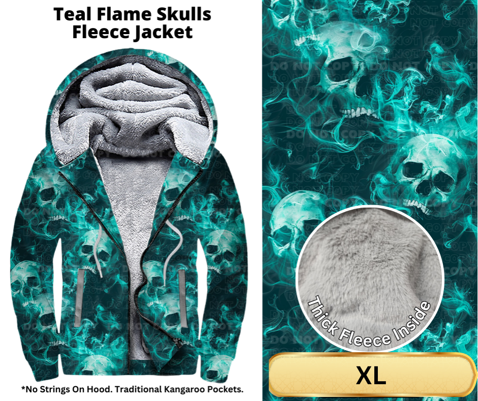 Teal Flame Skulls Fleece Jackets