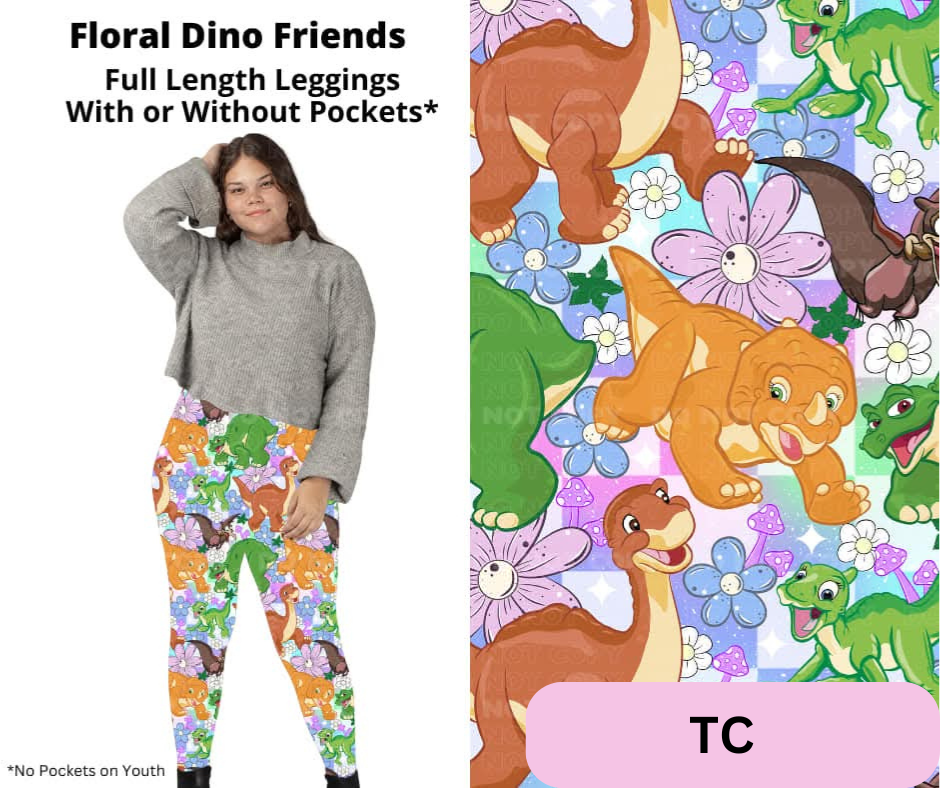 Floral Dino Friends Full Length Leggings w/ Pockets