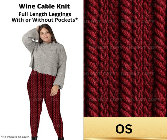 Wine Cable Knit Full Length Leggings w/ Pockets