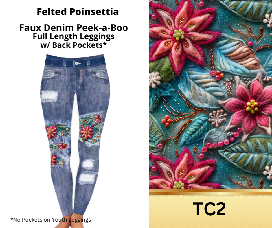 Felted Poinsettia Faux Denim Full Length Peekaboo Leggings